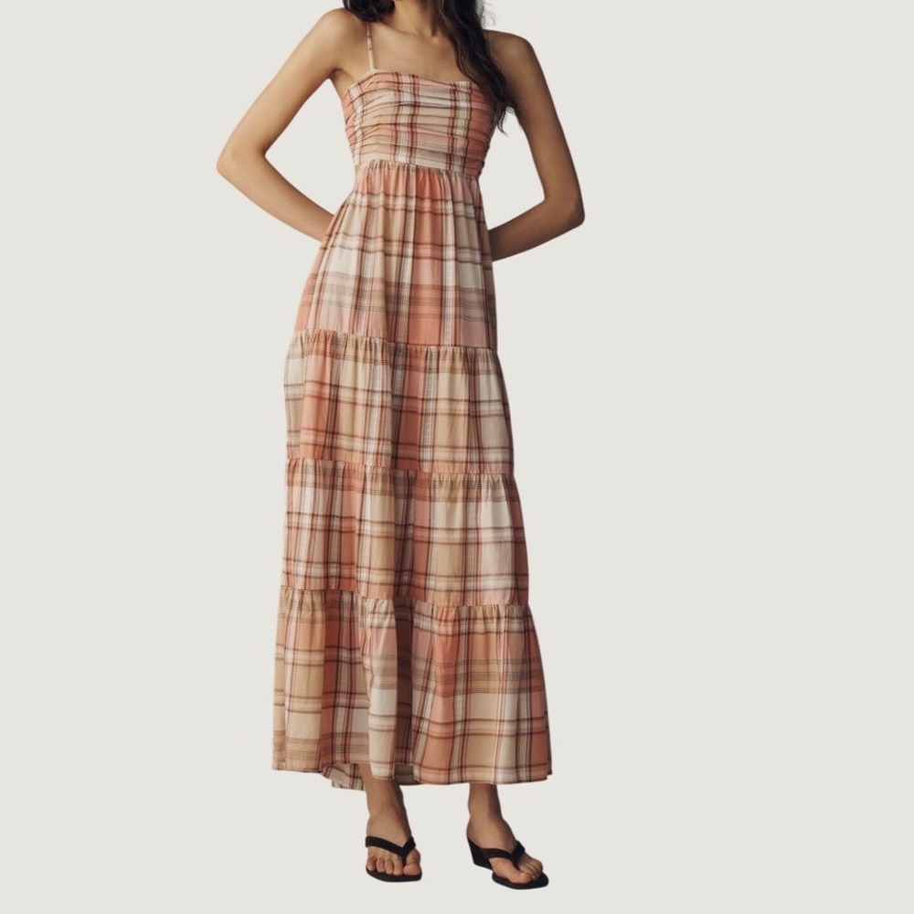 Anthropologie Plaid Maxi Dress L Boho Cut-Out Tiered Pink Brown Plaid New